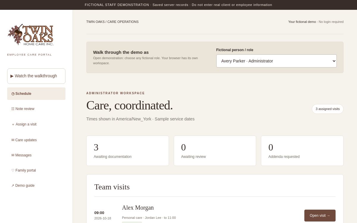 Twin Oaks care portal demonstration using fictional staff and sample visits