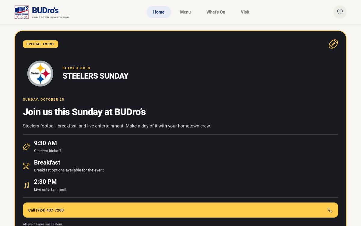 BUDro’s Hometown Sports Bar website preview